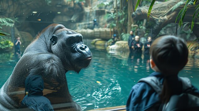 A young boy observes a gorilla by a pool at the zoo.