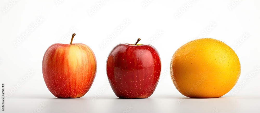 Poster copy space image of red apple orange and mosambi fruit displayed against a white backdrop
