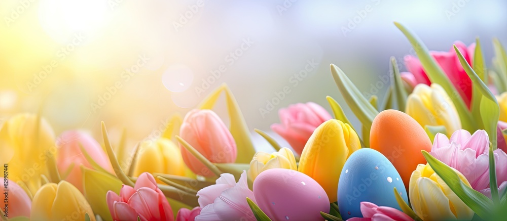 Poster a spring greeting card featuring easter eggs nestled among tulips creating a vibrant and cheerful co