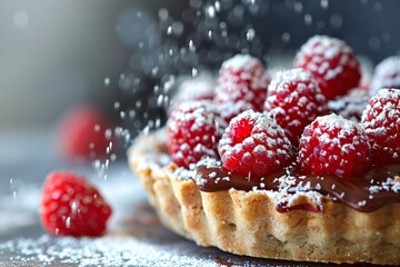 Gourmet Chocolate Tart with Fresh Raspberries and Powdered Sugar Shower - Fine Dessert Photography...