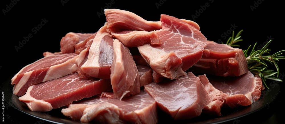 Poster a close up view of raw duck goose tongue and poultry offal on a black background leaving ample space