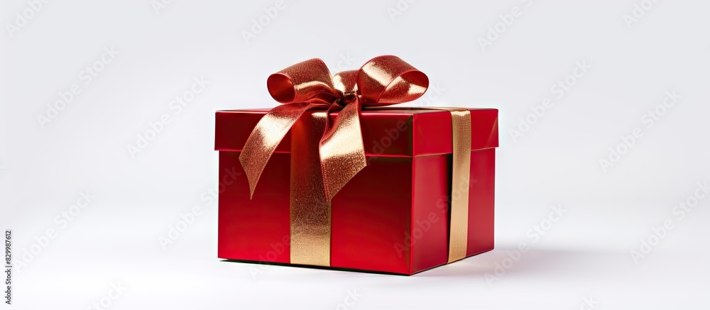 Poster christmas themed red gift box with a close up view on a white background providing ample space for d
