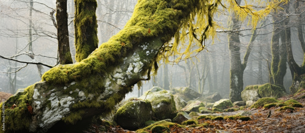 Aufkleber in the forest during winter a tree is adorned with yellow and green moss creating a visually captiva