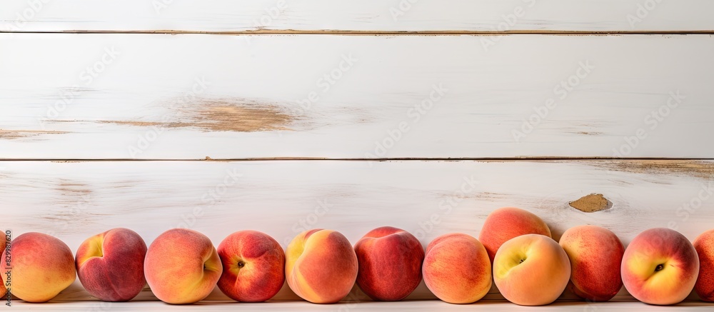 Poster a copy space image featuring nectarines arranged on a rustic white wooden table