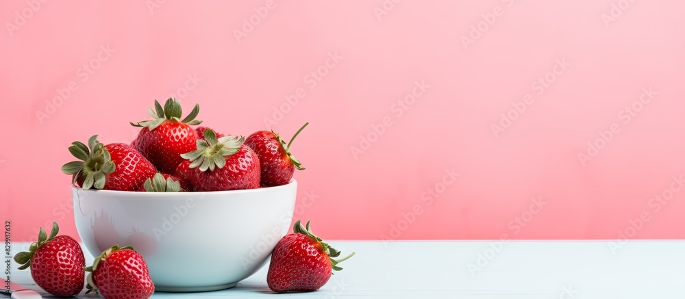 Poster On a pink background there is a copy space image showing a notebook placed next to a pen alongside a bowl filled with whole strawberries