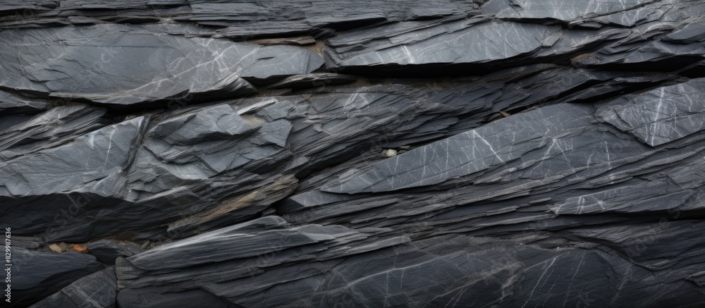 Poster High resolution top view of a patterned background made of natural black slate stone providing ample copy space image