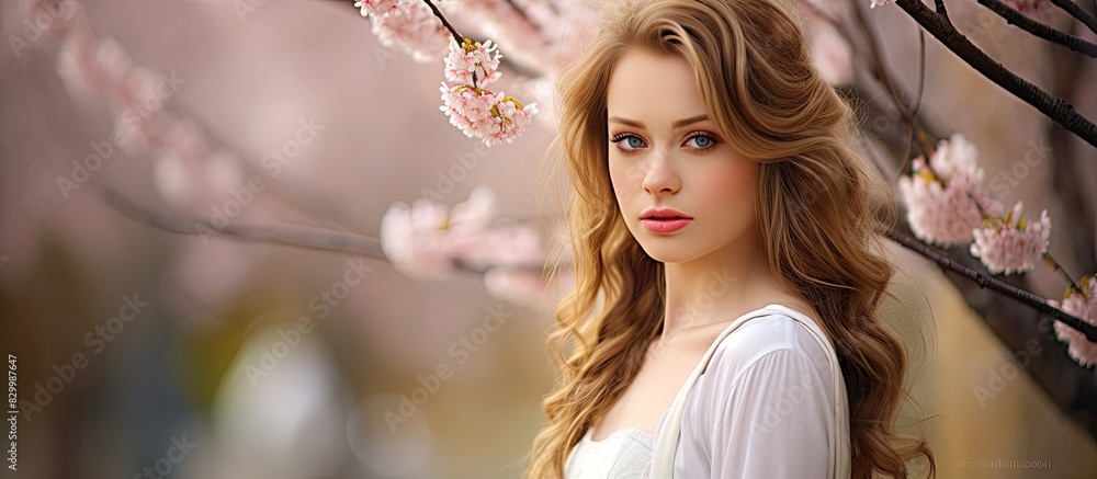 Poster an attractive young girl poses for a spring portrait against a backdrop of blossoming trees creating