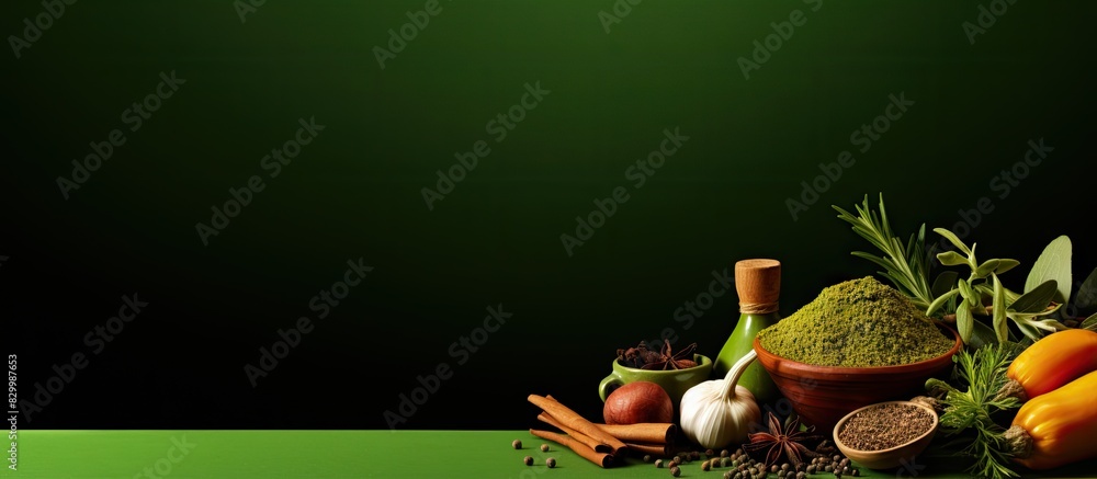 Poster The green background offers a perfect setting for displaying fresh seasoning and spices providing a visually pleasing copy space image