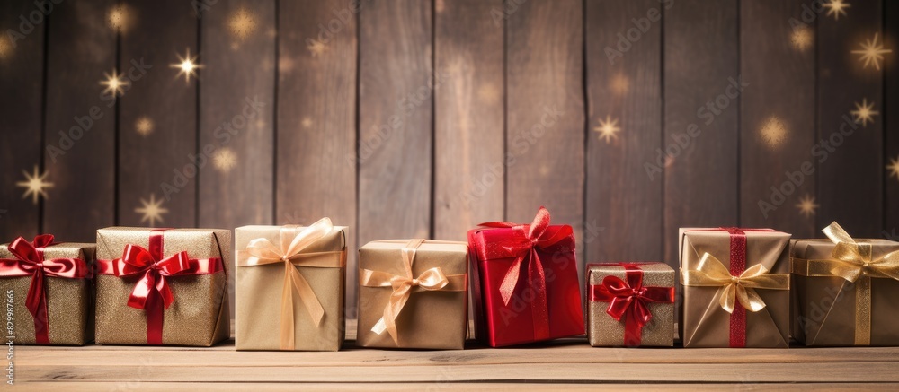 Poster copy space image of gift boxes adorned with bows placed on a rustic wooden background