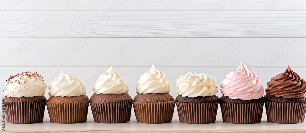 Poster on an old white wooden table there is a tempting tray of chocolate cupcakes awaiting their indulgent