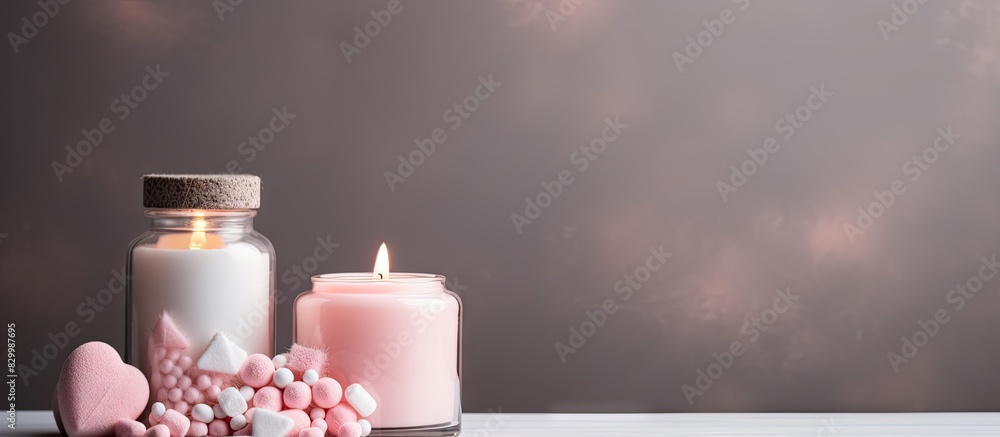 Poster copy space image of a bottle adorned with pink chocolate hearts fluffy marshmallows and candles set 