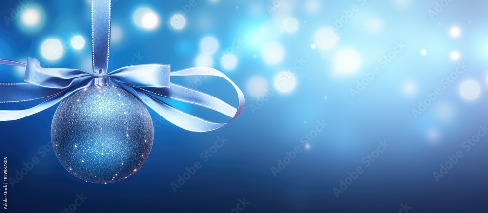 Poster Image of a Christmas ball adorned with a ribbon against a vibrant blue background illuminated by glowing lights. with copy space image. Place for adding text or design