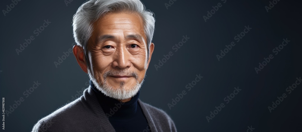 Poster an attractive elderly asian man gazing at the camera with ample copy space in the image