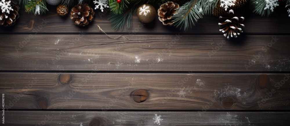 Poster a festive christmas themed image with a dark wooden background featuring fir tree branches snow cone