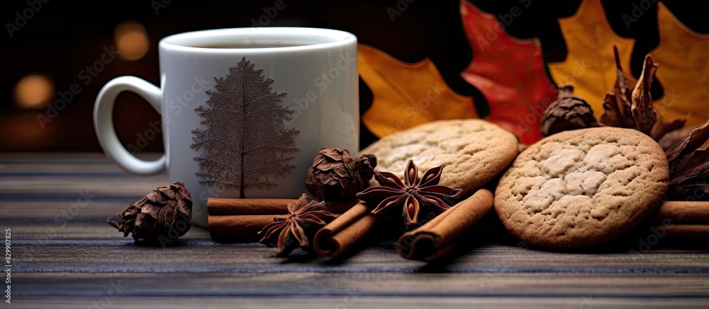 Poster a copy space image of chocolate cookies mulled wine or tea with a cinnamon spice stick in a metallic