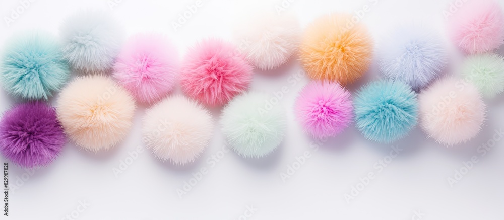 Poster Fluffy pastel pom poms in various sizes randomly arranged on a white background make for an appealing copy space image