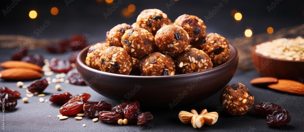 Poster A copy space image displaying a nutritious vegetarian snack consisting of energy balls made with walnuts dates prunes cranberries honey and sesame
