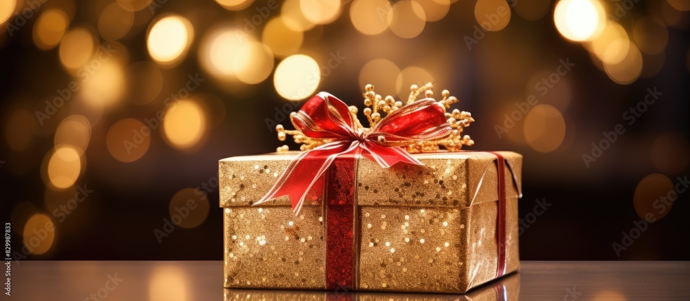 Poster a festive christmas decoration displayed on a table beautifully presented in a golden box with ample