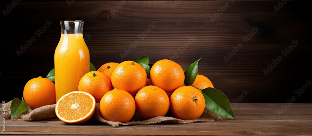 Poster a copy space image of oranges and orange juice placed on a wooden background