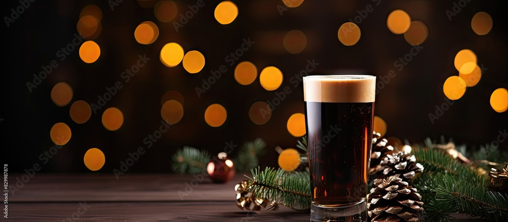 Poster christmas themed pint of stout beer with festive decorations suitable for use in promotional materia