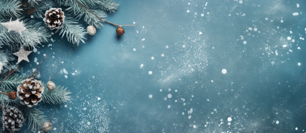Poster Top down view of a Christmas themed design concept featuring a copy space image adorned with a branch from a fir tree delicate snowflakes and pine cones