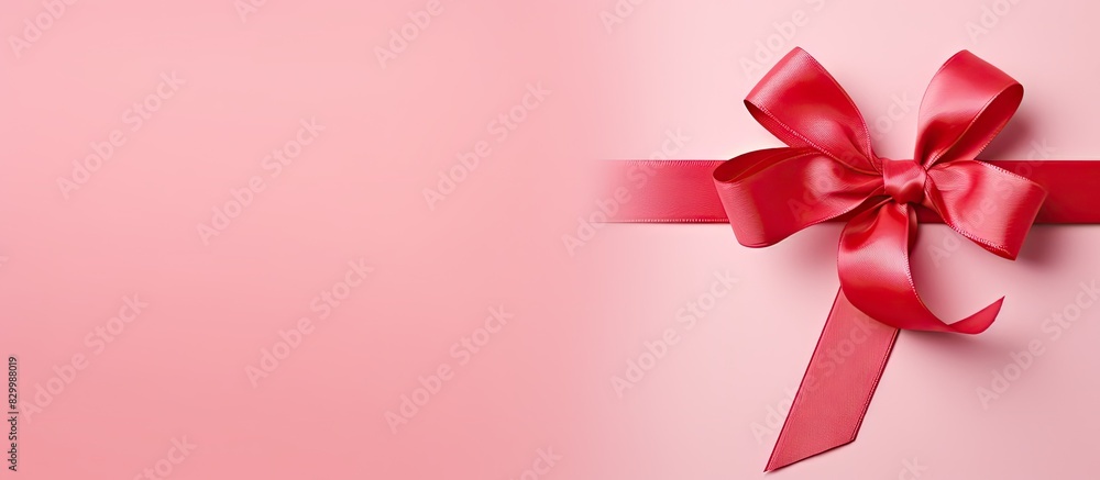 Poster the background for holidays is minimal with a pastel pink bow and ribbon curls on a red backdrop thi