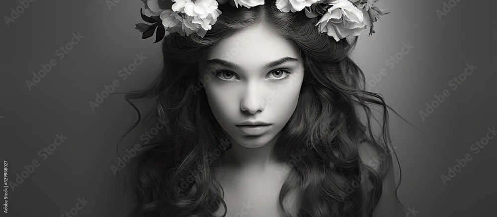 Aufkleber black and white portrait of a stylish girl with a flower wreath looking directly at the camera again
