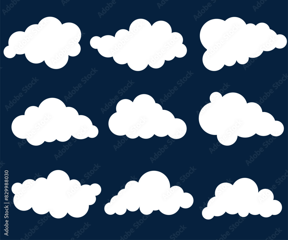 Poster white vector cloud set. abstract white cloudy set isolated vector illustration with dark blue backgr