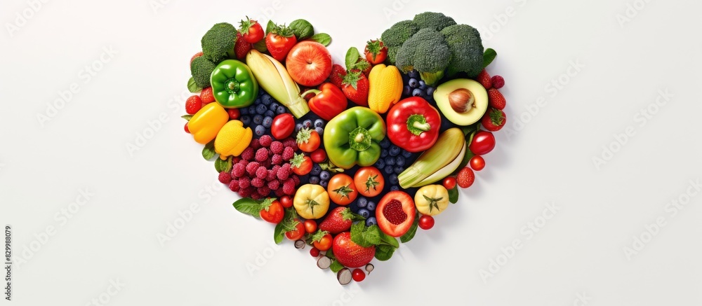Aufkleber High resolution product photograph of a heart shaped food composition made from various fruits and vegetables set against a white background with empty space for text. with copy space image