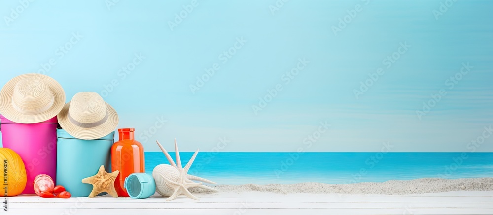 Poster color block background with beach accessories creates a summer holiday atmosphere for a copy space i