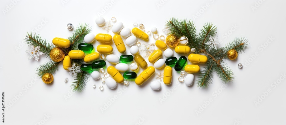Poster A Christmas themed medical flatlay featuring blisters filled with yellow and green capsules along with a Christmas tree adorned with snowflakes The image is set against a white background with ample s