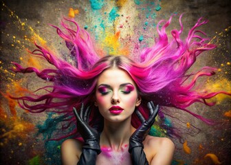 Obraz premium A creative banner for a beauty salon or barbershop. Fashionable professional hair coloring. A beautiful woman with long pink hair. An explosion of colors on the head.