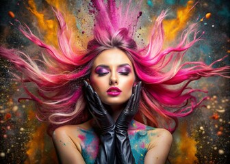 Obraz premium A creative banner for a beauty salon or barbershop. Fashionable professional hair coloring. A beautiful woman with long pink hair. An explosion of colors on the head.