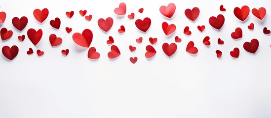 Full frame copy space image featuring red hearts on a pristine white background