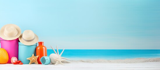 Color block background with beach accessories creates a summer holiday atmosphere for a copy space image