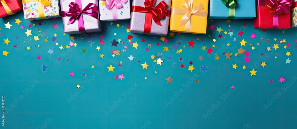 Aufkleber a festive top down view of gift boxes wrapped in vibrant paper and adorned with confetti set against