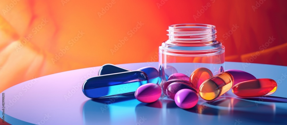 Poster Colorful background with containers holding contact lenses tweezers and pills with empty space for an image. with copy space image. Place for adding text or design