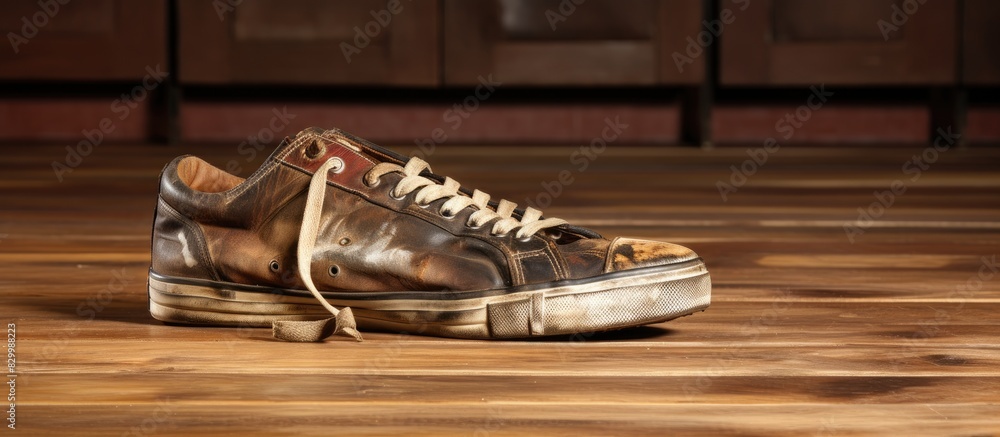 Poster men s casual shoes in disrepair and tattered resting on a brown floor appropriate for both fashion a