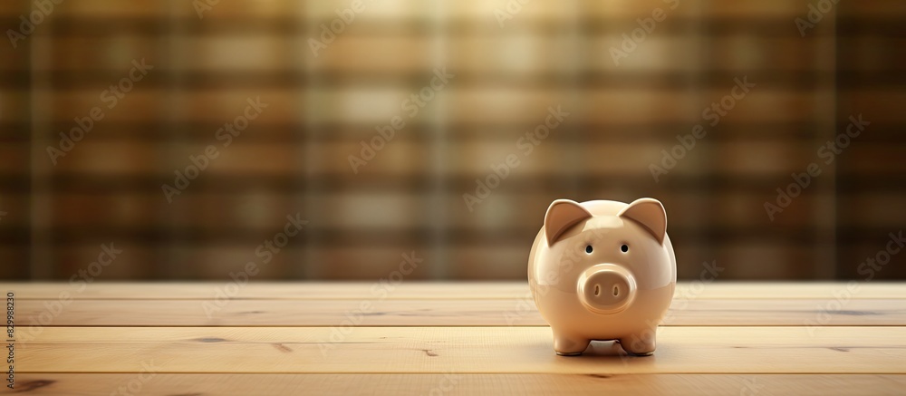 Poster A piggy bank is placed on top of a wooden table providing a clear area for an image or text. with copy space image. Place for adding text or design