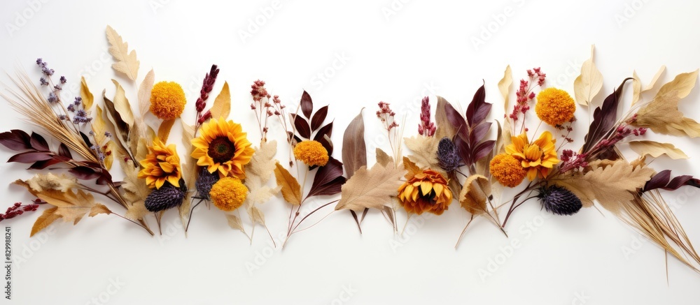 Aufkleber a fall themed arrangement with dried flowers leaves and plants forms an artistic frame the image tak