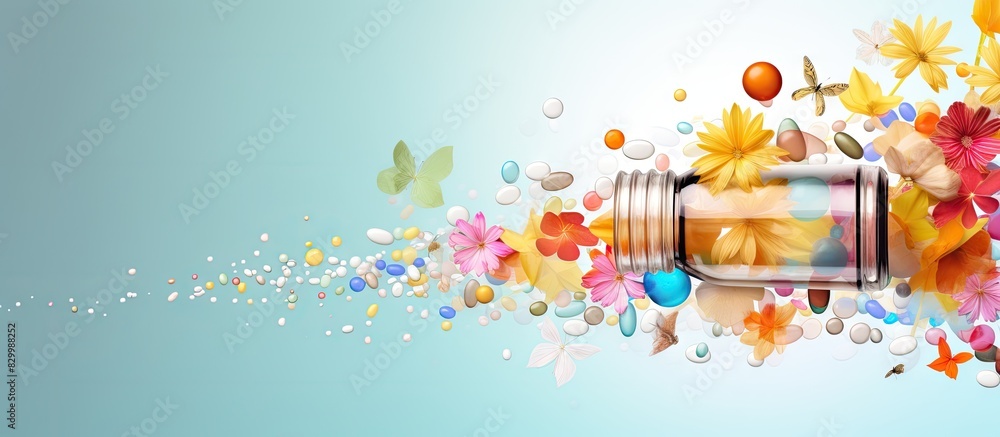 Aufkleber colorful background with a composition featuring a bottle of drops flowers and pills perfect for cop