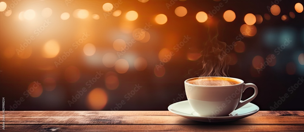 Poster Close up of a cup of drink on a wooden table with blurred lights in the background Ample copy space image available for text