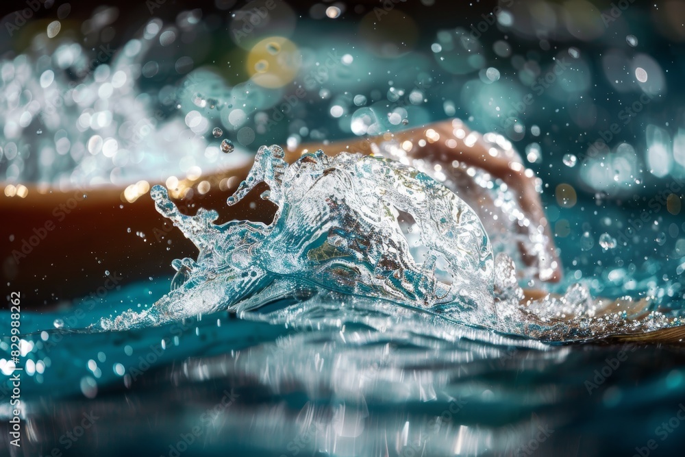 Poster detailed view of a swimmer's arm in backstroke showing rotation and water dynamics for sports print 