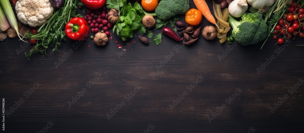 Poster a top down view of autumn vegetables ready for cooking against a dark backdrop ideal for a copy spac
