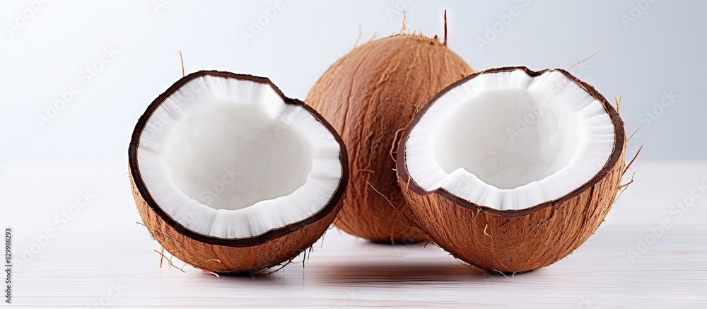 Poster a close up image of fresh coconut halves on a white background with copy space