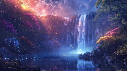 A photo of a celestial waterfall with shimmering water, a mystical forest with luminescent plants and a starlit sky