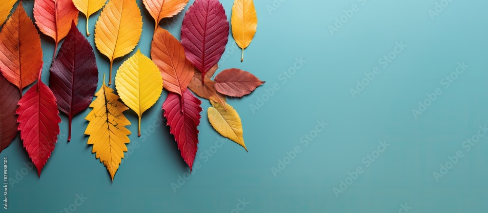 Poster Top view of a flat lay composition featuring autumn leaves on a colorful background creating an aesthetic copy space image