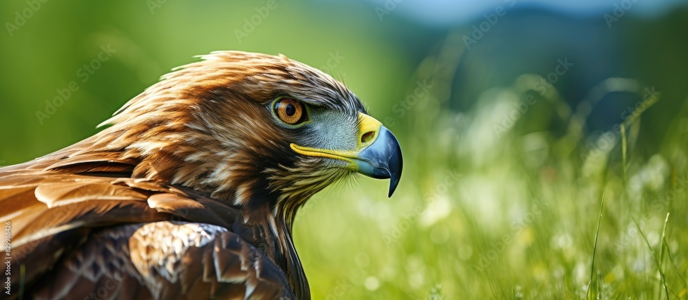 Poster close up of a golden eagle a steppe eagle against a green background with copy space image