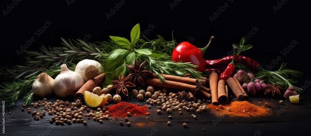 Poster a dark background showcasing a captivating composition of fresh aromatic spices copy space image