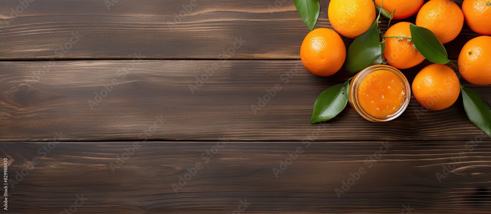 Aufkleber Grey wooden table with a flat lay arrangement featuring delicious tangerine jam Ample space is available for adding text in the image